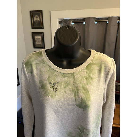 LOGO Lounge Lori Goldstein Women's Top Sz XS Green Watercolor Bedazzled Layered - Picture 4 of 10